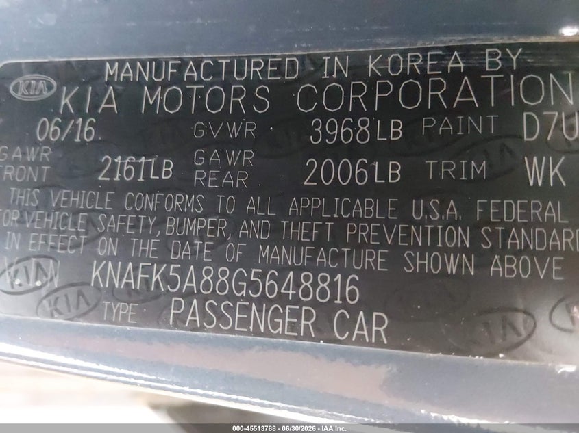 2016 Kia Forte VIN KNAFK5A88G5648816 IAAI salvage auction — NORMAL WEAR, Clear (Tennessee), sold $600 on 2026-07-29 (photo 9)