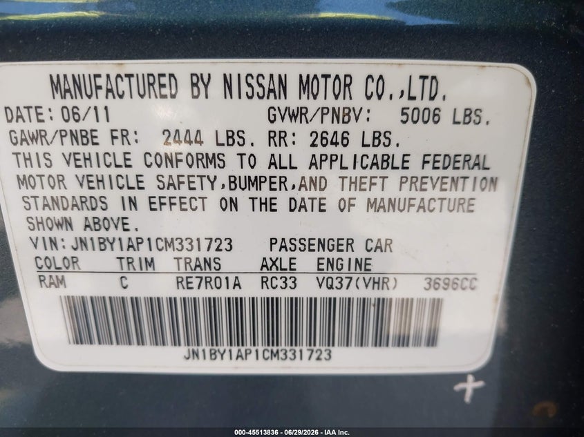 2012 Infiniti M VIN JN1BY1AP1CM331723 IAAI salvage auction — FRONT & REAR, Clear (Georgia), sold $900 on 2026-07-08 (photo 9)