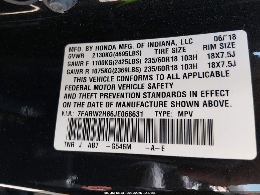 2018 Honda Cr-v VIN 7FARW2H86JE068631 IAAI salvage auction — RIGHT FRONT, Salvage (Pennsylvania), sold $7,400 on 2026-07-31 (photo 9)