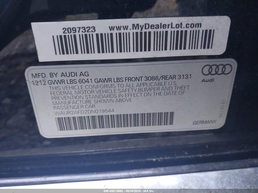 2013 Audi A8 VIN WAUR2AFD2DN019544 IAAI salvage auction — NORMAL WEAR, Clear (Virginia), sold $1,300 on 2026-07-28 (photo 9)