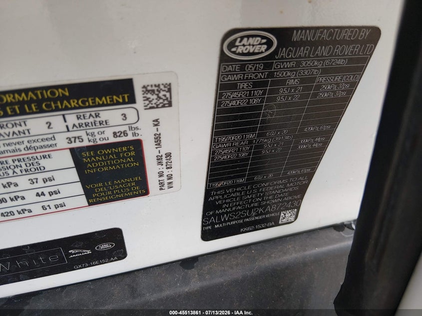 2019 Land rover Range rover sport VIN SALWS2SU2KA872430 IAAI salvage auction — STRIPPED, Salvage (Texas), sold $17,500 on 2026-09-05 (photo 9)