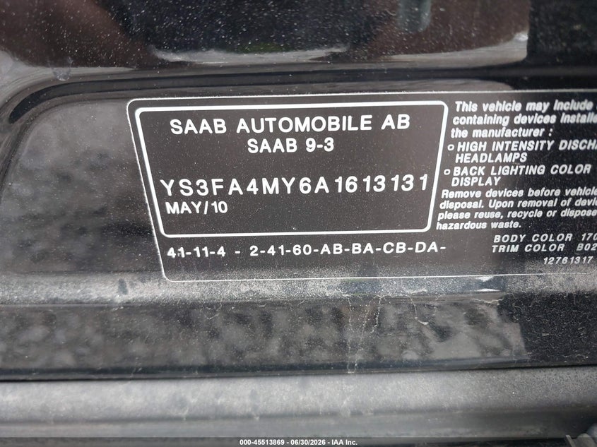 2010 Saab 9-3 VIN YS3FA4MY6A1613131 IAAI salvage auction — FRONT & REAR, Mv-907A (New York), sold $275 on 2026-08-04 (photo 9)