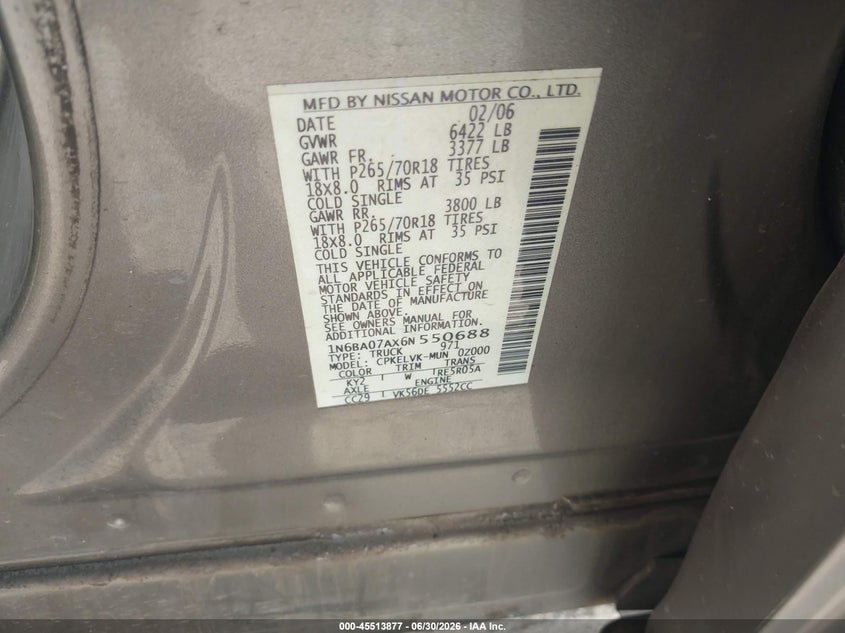 2006 Nissan TITAN VIN 1N6BA07AX6N550688 IAAI salvage auction — REAR END, Original (Texas), sold $100 on 2026-07-09 (photo 9)
