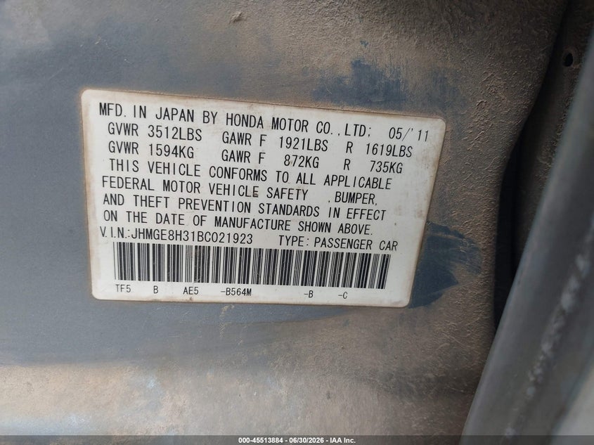 2011 Honda Fit VIN JHMGE8H31BC021923 IAAI salvage auction — FRONT END, Salvage (Texas), sold $75 on 2026-07-23 (photo 9)