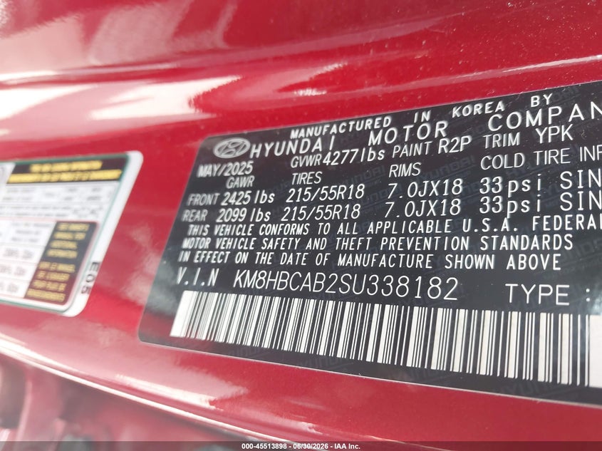 2025 Hyundai Kona VIN KM8HBCAB2SU338182 IAAI salvage auction — RIGHT FRONT, Enterprise Vehicles Clear Only (Wisconsin), sold $15,100 on 2026-07-14 (photo 9)