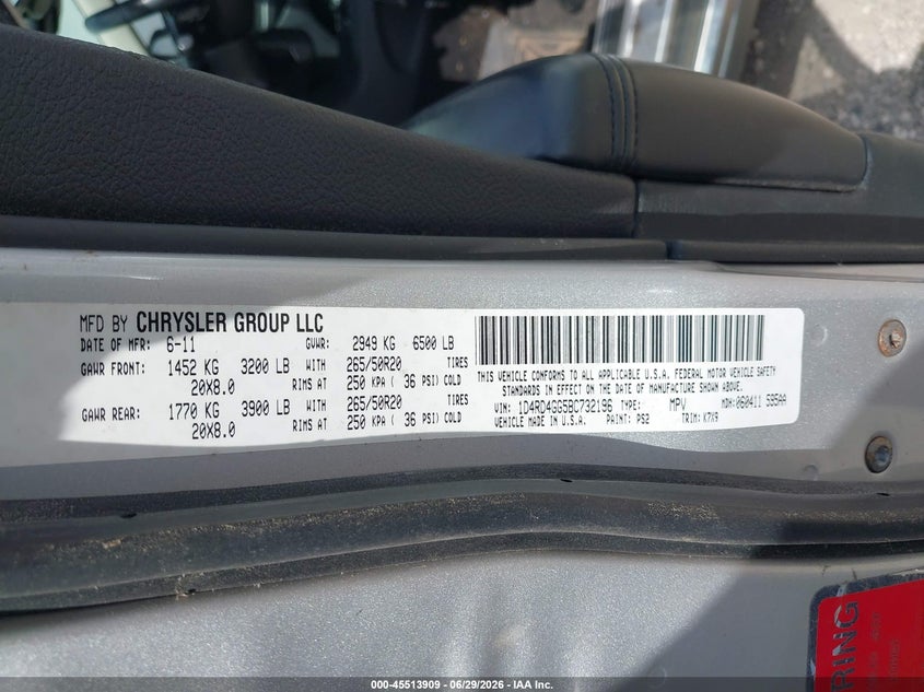 2011 Dodge Durango VIN 1D4RD4GG5BC732196 IAAI salvage auction — NORMAL WEAR, Original (Texas), sold $1,050 on 2026-07-09 (photo 9)