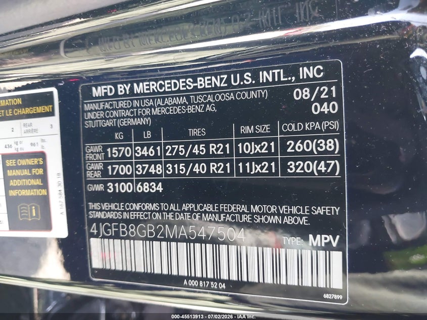 2021 Mercedes-benz Gle VIN 4JGFB8GB2MA547504 IAAI salvage auction — FRONT END, Salvage Title, sold $24,300 on 2026-07-22 (photo 9)