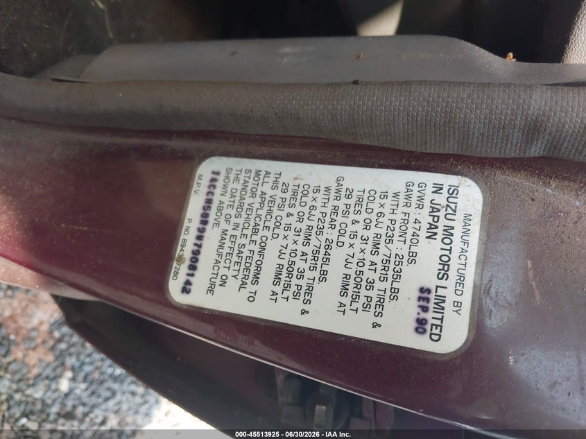 1991 Isuzu Trooper VIN JACCH58R9M7908142 IAAI salvage auction — NORMAL WEAR, Clear (South Carolina), sold $25 on 2026-07-28 (photo 9)