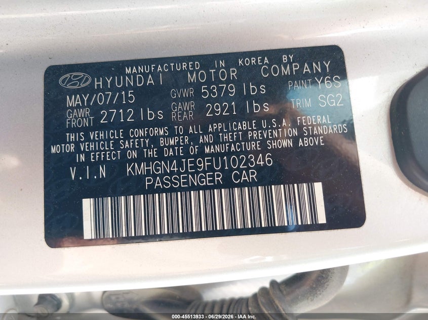 2015 Hyundai Genesis VIN KMHGN4JE9FU102346 IAAI salvage auction — LEFT SIDE, Salvage (South Carolina), sold $1,650 on 2026-07-29 (photo 9)
