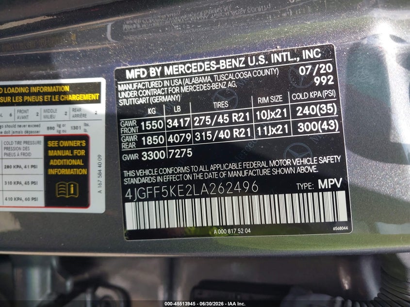 2020 Mercedes-benz Gls-klasse VIN 4JGFF5KE2LA262496 IAAI salvage auction — FRONT END, Salvage Title, sold $11,100 on 2026-08-12 (photo 9)