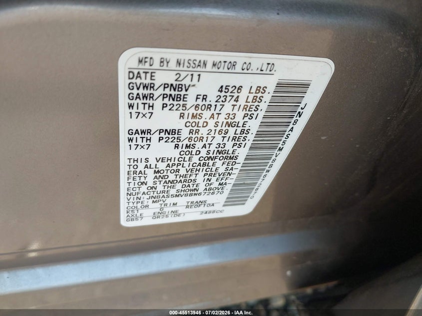 2011 Nissan Rogue VIN JN8AS5MV8BW672670 IAAI salvage auction — LEFT FRONT, Mv-907A (New York), sold $450 on 2026-07-14 (photo 9)