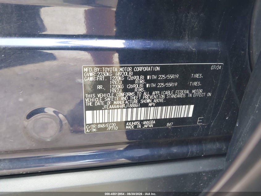 2024 Toyota Venza VIN JTEAAAAH4RJ188861 IAAI salvage auction — FRONT END, Salvage Title, sold $4,750 on 2026-07-21 (photo 9)