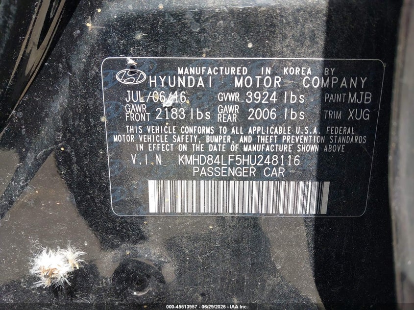 2017 Hyundai Elantra VIN KMHD84LF5HU248116 IAAI salvage auction — FRONT & REAR, Original (Texas), sold $900 on 2026-07-13 (photo 9)
