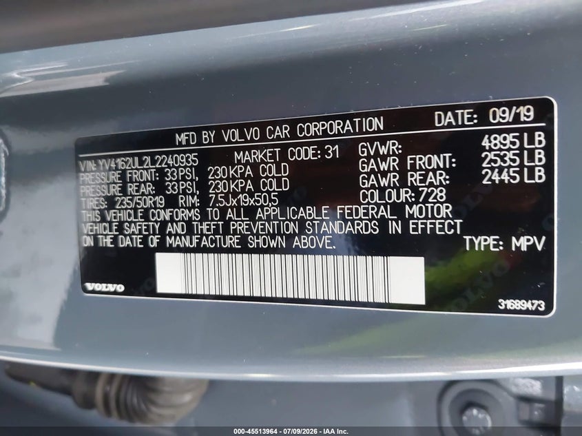 2020 Volvo Xc40 VIN YV4162UL2L2240935 IAAI salvage auction — LEFT FRONT, Salvage - Greater Than 75% (Maryland), sold $8,400 on 2026-07-29 (photo 9)
