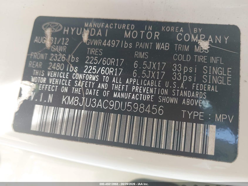 2013 Hyundai Tucson VIN KM8JU3AC9DU598456 IAAI salvage auction — NORMAL WEAR, Clear (Tennessee), sold $1,700 on 2026-07-30 (photo 9)