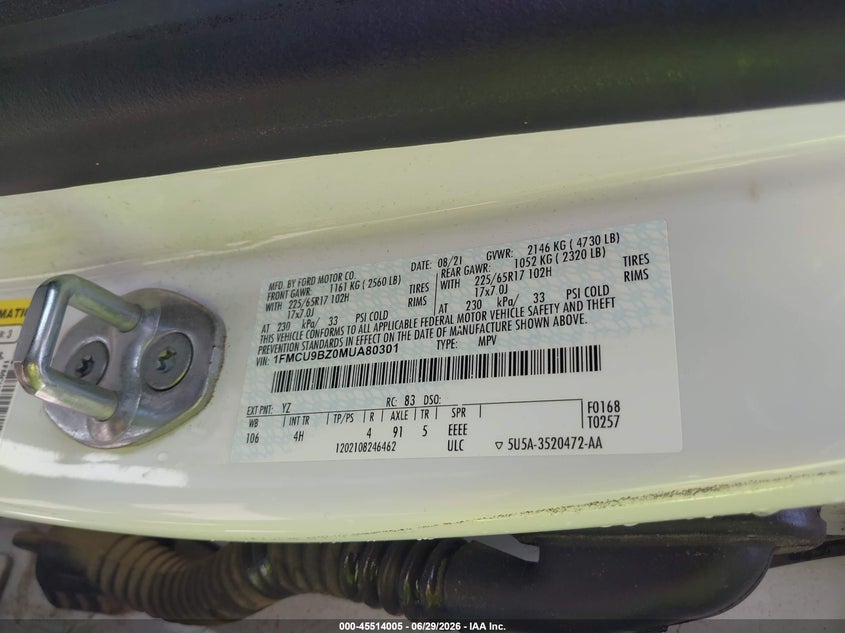2021 Ford Escape VIN 1FMCU9BZ0MUA80301 IAAI salvage auction — NORMAL WEAR, SF97 (Virginia), sold $10,825 on 2026-07-22 (photo 9)