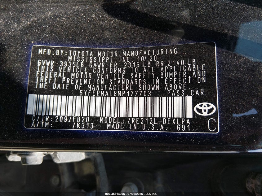 2021 Toyota Corolla VIN 5YFEPMAE8MP177703 IAAI salvage auction — REAR END, Clear (Virginia), sold $2,800 on 2026-07-27 (photo 9)
