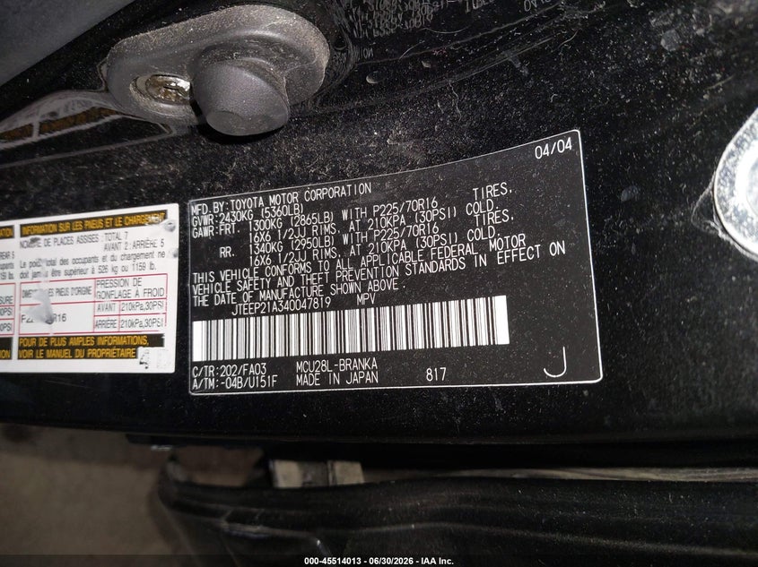 2004 Toyota Highlander VIN JTEEP21A340047819 IAAI salvage auction — NORMAL WEAR, Clear (Pennsylvania), sold $700 on 2026-07-09 (photo 9)