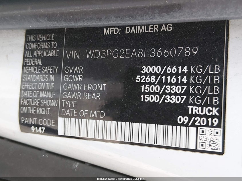2020 Mercedes-benz Metris VIN WD3PG2EA8L3660789 IAAI salvage auction — LEFT FRONT, Bill Of Sale (Washington), sold $3,825 on 2026-07-15 (photo 9)