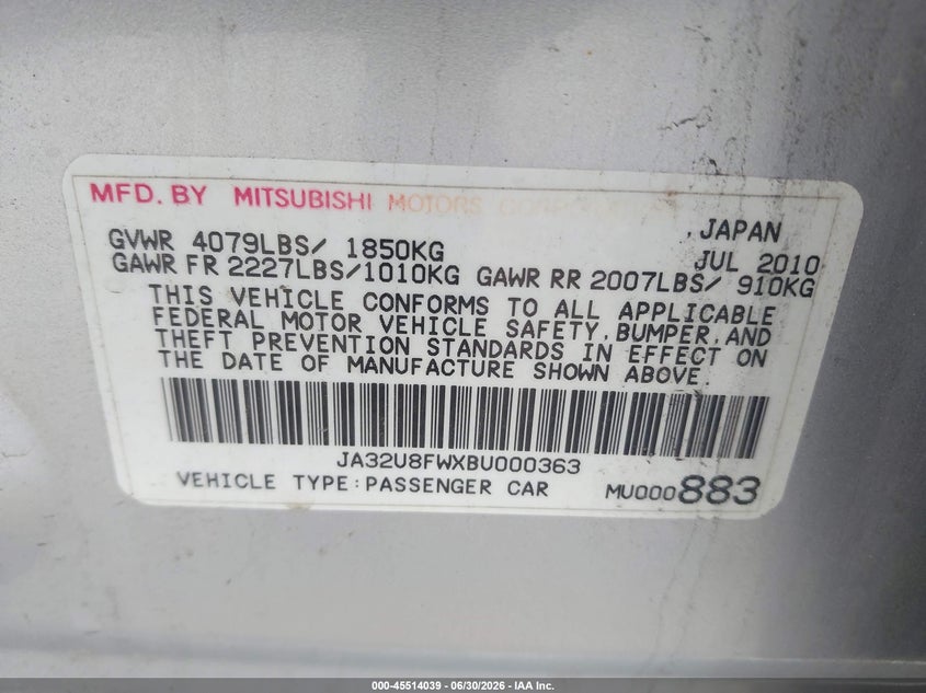 2011 Mitsubishi Lancer VIN JA32U8FWXBU000363 IAAI salvage auction — NORMAL WEAR, Clear (New York), sold $450 on 2026-07-28 (photo 9)