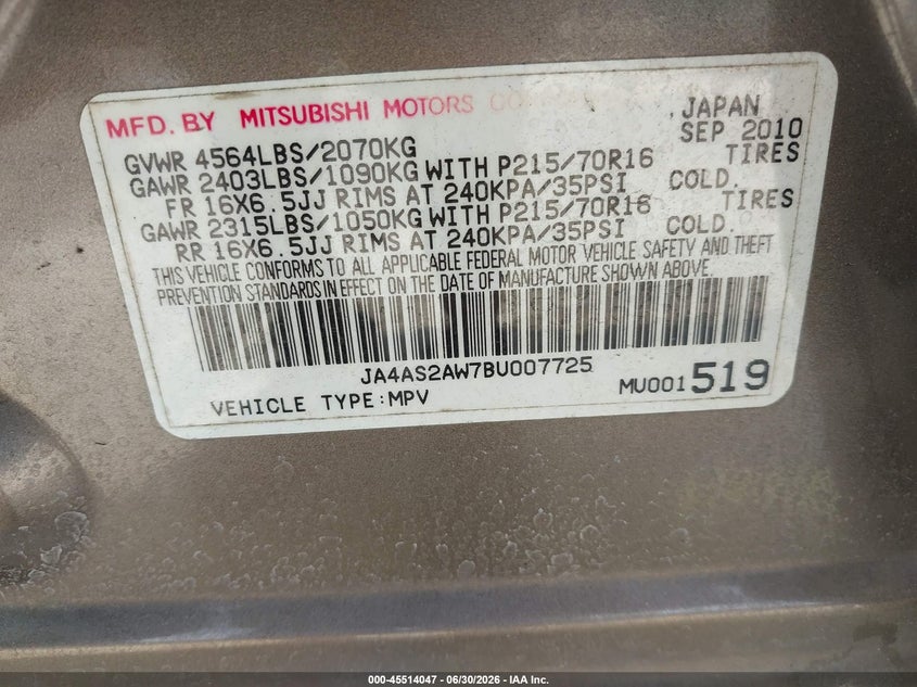 2011 Mitsubishi Outlander VIN JA4AS2AW7BU007725 IAAI salvage auction — NORMAL WEAR, Clear (Florida), sold $350 on 2026-07-15 (photo 9)