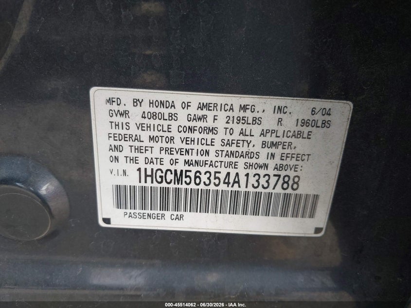 2004 Honda Accord VIN 1HGCM56354A133788 IAAI salvage auction — NORMAL WEAR, Clear - Dealer Only (California), sold $450 on 2026-07-09 (photo 9)
