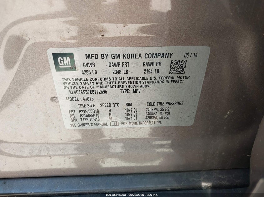 2014 Buick Encore VIN KL4CJASB7EB772595 IAAI salvage auction — NORMAL WEAR, Clear (Virginia), sold $375 on 2026-07-30 (photo 9)