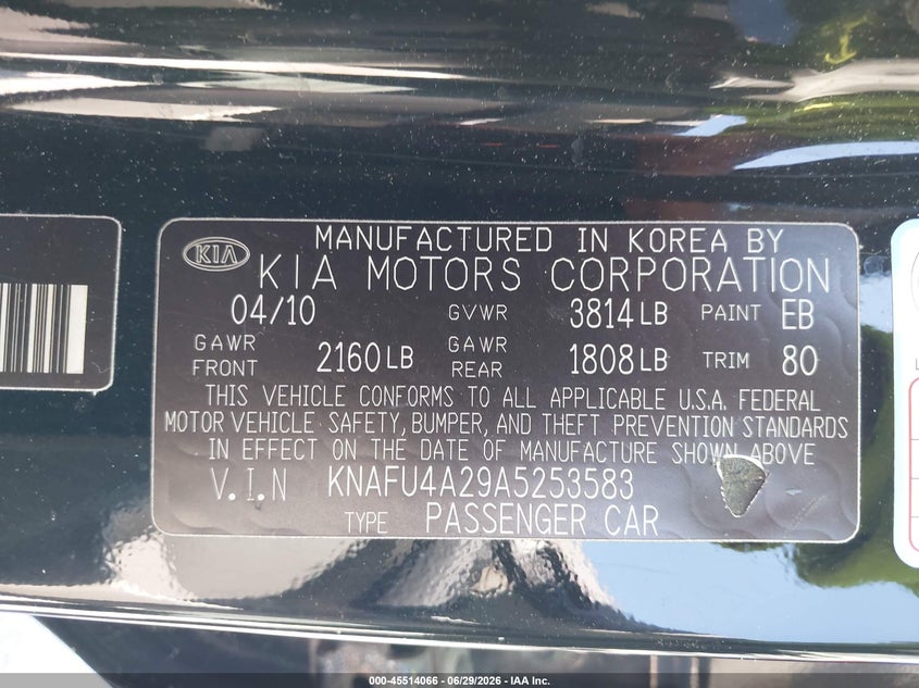 2010 Kia Forte VIN KNAFU4A29A5253583 IAAI salvage auction — NORMAL WEAR, Clear (Maryland), sold $475 on 2026-07-16 (photo 9)