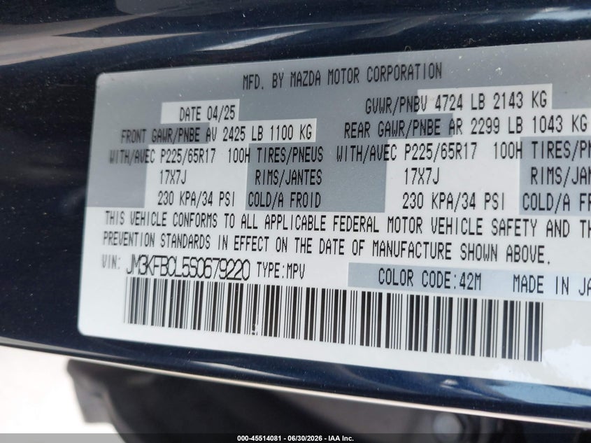 2025 Mazda Cx-5 VIN JM3KFBCL5S0679220 IAAI salvage auction — LEFT FRONT, Enterprise Vehicles Clear Only (Texas), sold $18,800 on 2026-07-07 (photo 9)