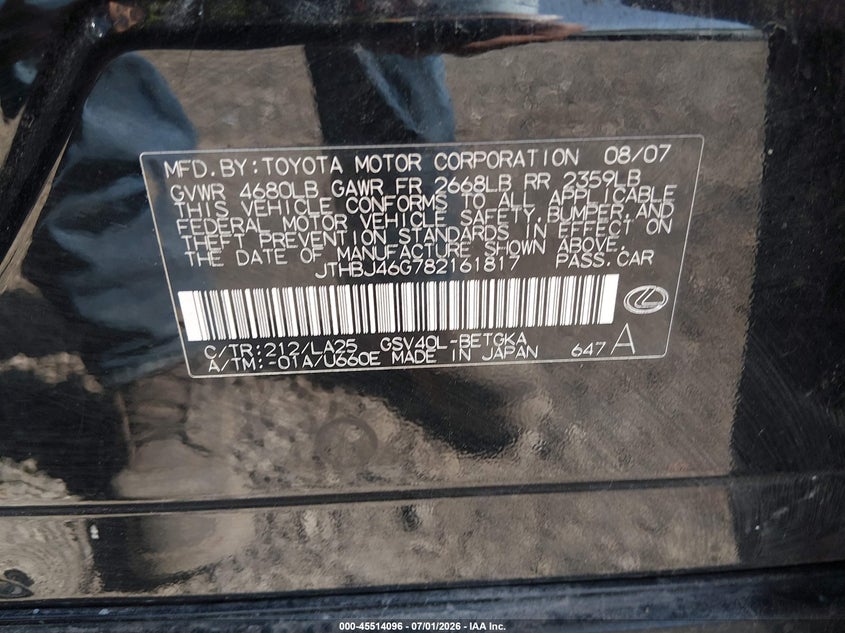 2008 Lexus Es 350 VIN JTHBJ46G782161817 IAAI salvage auction — NORMAL WEAR, Clear (Montana), sold $825 on 2026-07-29 (photo 9)