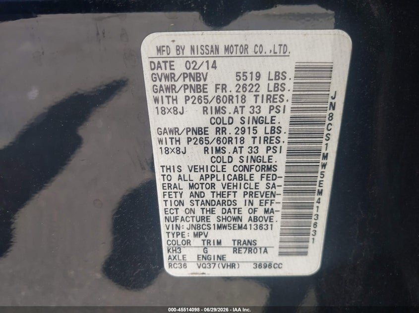 2014 Infiniti Qx70 VIN JN8CS1MW5EM413631 IAAI salvage auction — NORMAL WEAR, Clear (Georgia), sold $2,350 on 2026-07-29 (photo 9)