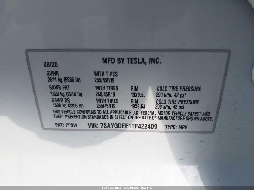 2026 Tesla Model y VIN 7SAYGDEE1TF422409 IAAI salvage auction — FRONT END, Salvage (Ohio), sold $19,975 on 2026-07-16 (photo 9)