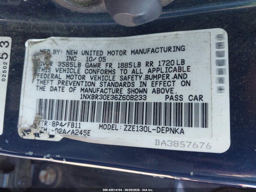 2006 Toyota Corolla VIN 1NXBR30E36Z608233 IAAI salvage auction — NORMAL WEAR, Original (Maine), sold $900 on 2026-08-03 (photo 9)
