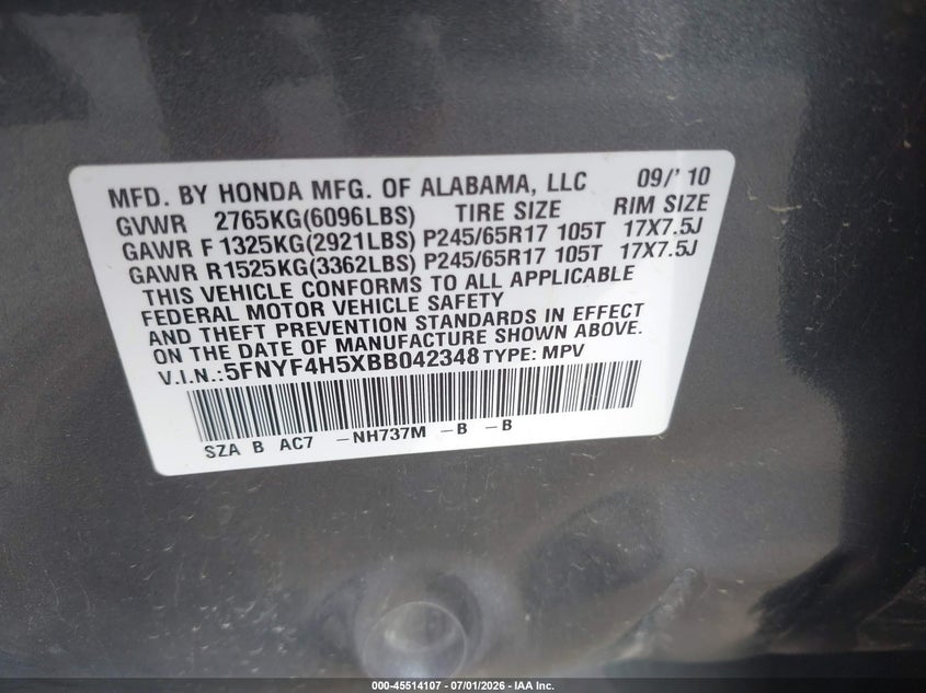 2011 Honda Pilot VIN 5FNYF4H5XBB042348 IAAI salvage auction — SIDE, Salvage (Pennsylvania), sold $825 on 2026-07-10 (photo 9)