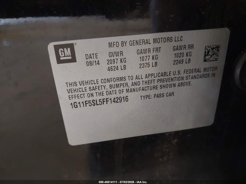 2015 Chevrolet Malibu VIN 1G11F5SL5FF142916 IAAI salvage auction — FRONT END, Clear (Michigan), sold $825 on 2026-07-23 (photo 9)