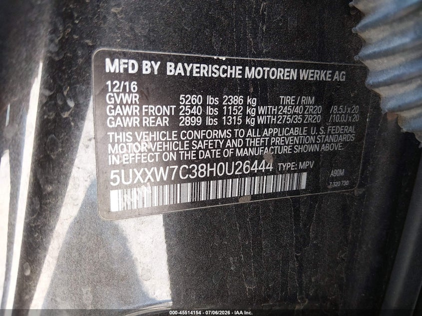 2017 BMW X4 VIN 5UXXW7C38H0U26444 IAAI salvage auction — NORMAL WEAR, Original (Texas), sold $2,050 on 2026-07-29 (photo 9)