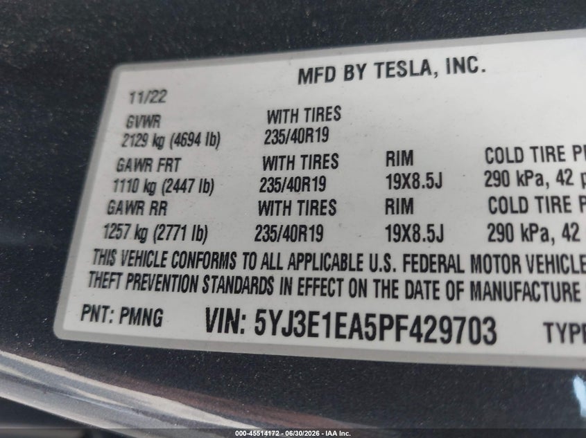2023 Tesla Model 3 VIN 5YJ3E1EA5PF429703 IAAI salvage auction — FRONT END, Rebuildable (Florida), sold $5,100 on 2026-07-30 (photo 9)