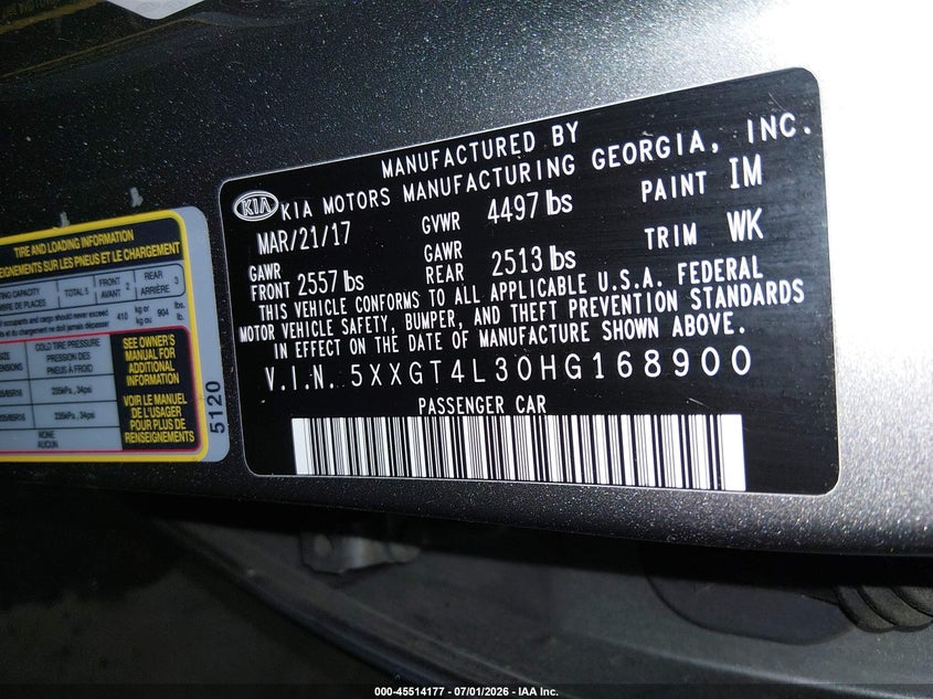 2017 Kia Optima VIN 5XXGT4L30HG168900 IAAI salvage auction — REAR END, Salvage (Idaho), sold $3,300 on 2026-07-17 (photo 9)