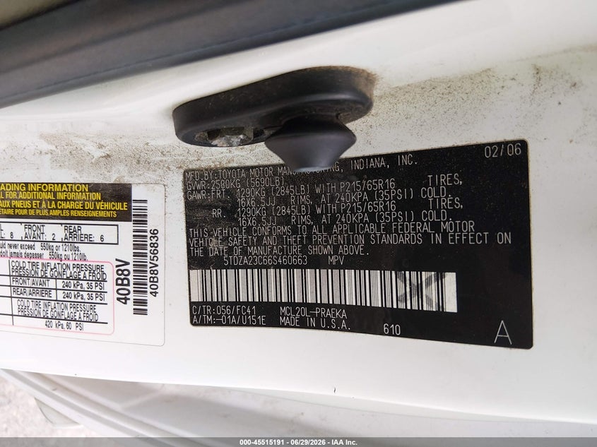 2006 Toyota Sienna VIN 5TDZA23C66S460663 IAAI salvage auction — NORMAL WEAR, Clear (Idaho), sold $475 on 2026-07-17 (photo 9)