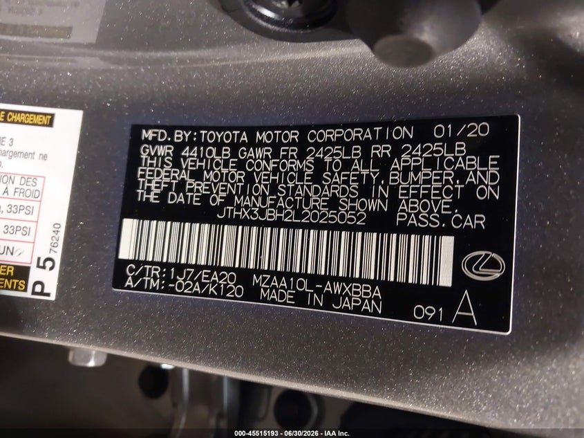 2020 Lexus Ux VIN JTHX3JBH2L2025052 IAAI salvage auction — RIGHT FRONT, Salvage Title, sold $6,200 on 2026-07-19 (photo 9)
