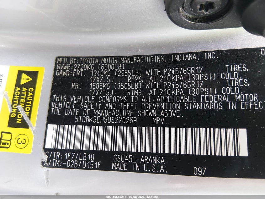 2013 Toyota Highlander VIN 5TDBK3EH5DS220269 IAAI salvage auction — REAR END, Clear (Virginia), sold $4,750 on 2026-07-16 (photo 9)