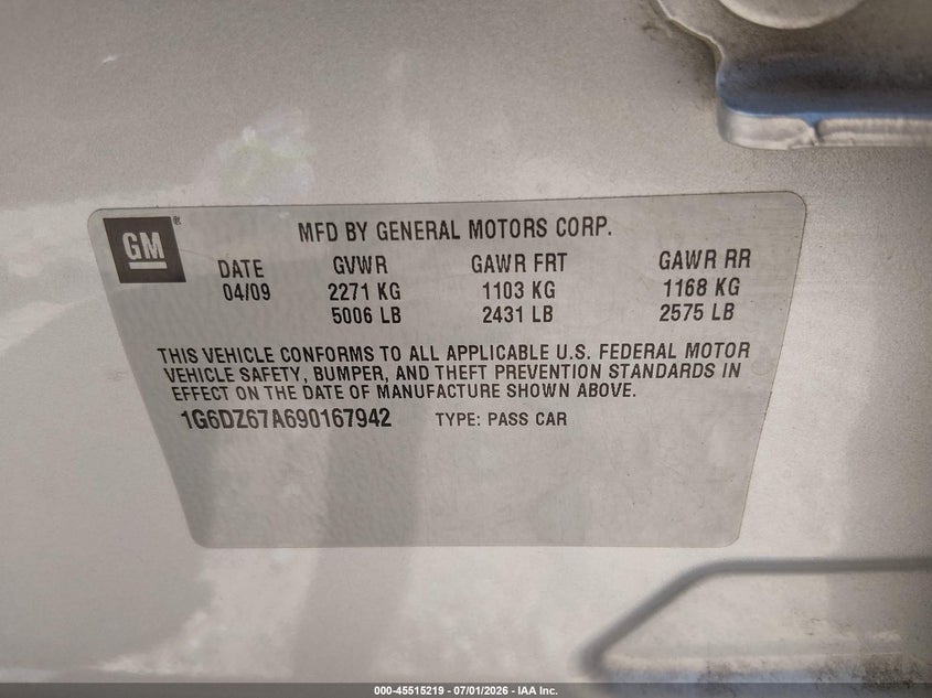 2009 Cadillac Sts VIN 1G6DZ67A690167942 IAAI salvage auction — FRONT END, Clear (Arkansas), sold $1,050 on 2026-07-26 (photo 9)