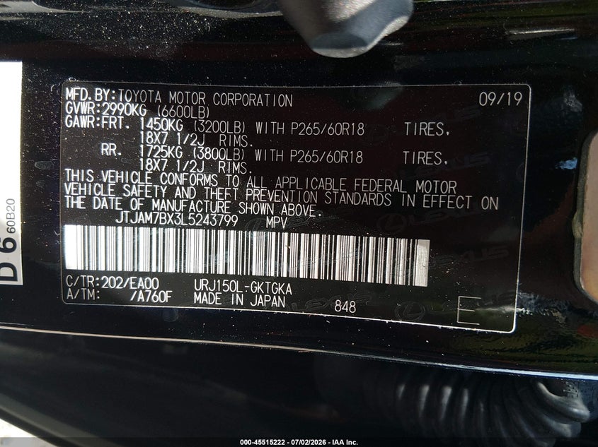 2020 Lexus Gx VIN JTJAM7BX3L5243799 IAAI salvage auction — FRONT & REAR, Wait Title, sold $10,500 on 2026-08-24 (photo 9)