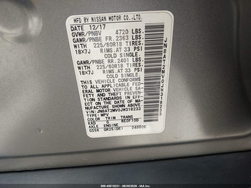 2018 Nissan Rogue VIN JN8AT2MV0JW318233 IAAI salvage auction — SIDE, Salvage Title, sold $2,500 on 2026-08-02 (photo 9)