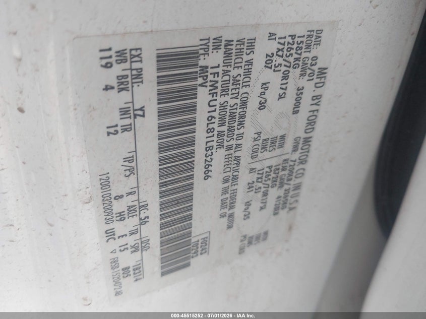 2001 Ford Expedition VIN 1FMFU16L81LB32666 IAAI salvage auction — NORMAL WEAR, Clear (Utah), sold $275 on 2026-07-09 (photo 9)