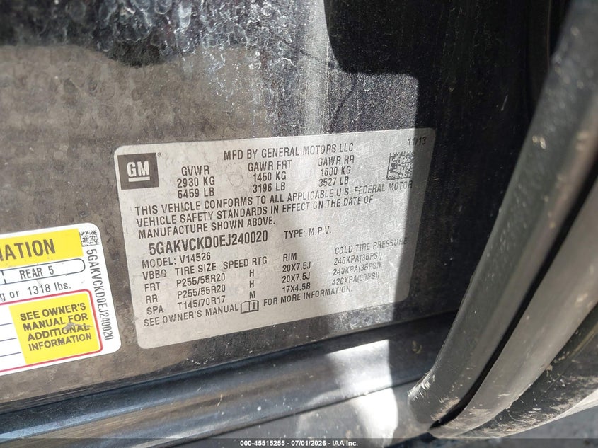 2014 Buick Enclave VIN 5GAKVCKD0EJ240020 IAAI salvage auction — SIDE, Salvage Title, sold $825 on 2026-08-26 (photo 9)
