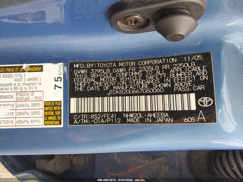 2006 Toyota Prius VIN JTDKB20U667060060 IAAI salvage auction — NORMAL WEAR, Nrc Lienholder Repossession Paperwork (New Hampshire), sold $300 on 2026-07-08 (photo 9)