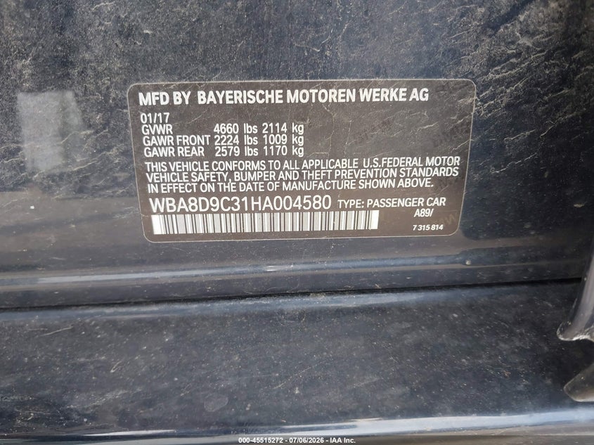 2017 BMW 3er VIN WBA8D9C31HA004580 IAAI salvage auction — RIGHT FRONT, Salvage Title, sold $3,950 on 2026-08-14 (photo 9)
