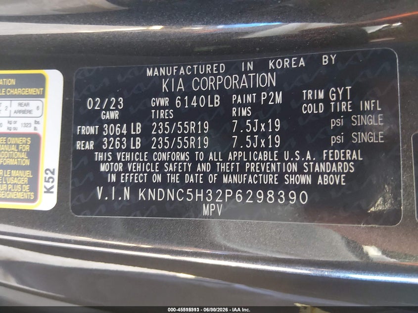 2023 Kia Carnival VIN KNDNC5H32P6298390 IAAI salvage auction — LEFT REAR, Salvage (California), sold $6,200 on 2026-07-29 (photo 9)