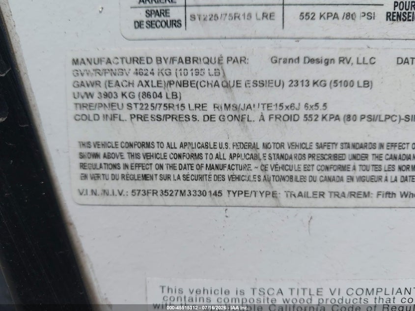 2021 Grand desi Reflection VIN 573FR3527M3330145 IAAI salvage auction — ROLLOVER, Salvage (South Carolina), sold $6,000 on 2026-09-12 (photo 9)